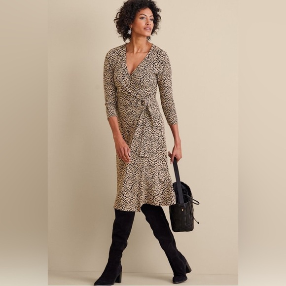 Soft Surroundings Damaria Wrap Dress Leopard Animal Print M 2FY01 midi - Picture 1 of 12